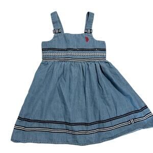 Vintage U.S. Polo Assn. Girls Chambray Denim Dress Size 5 Ribbon Trim Y2K Style